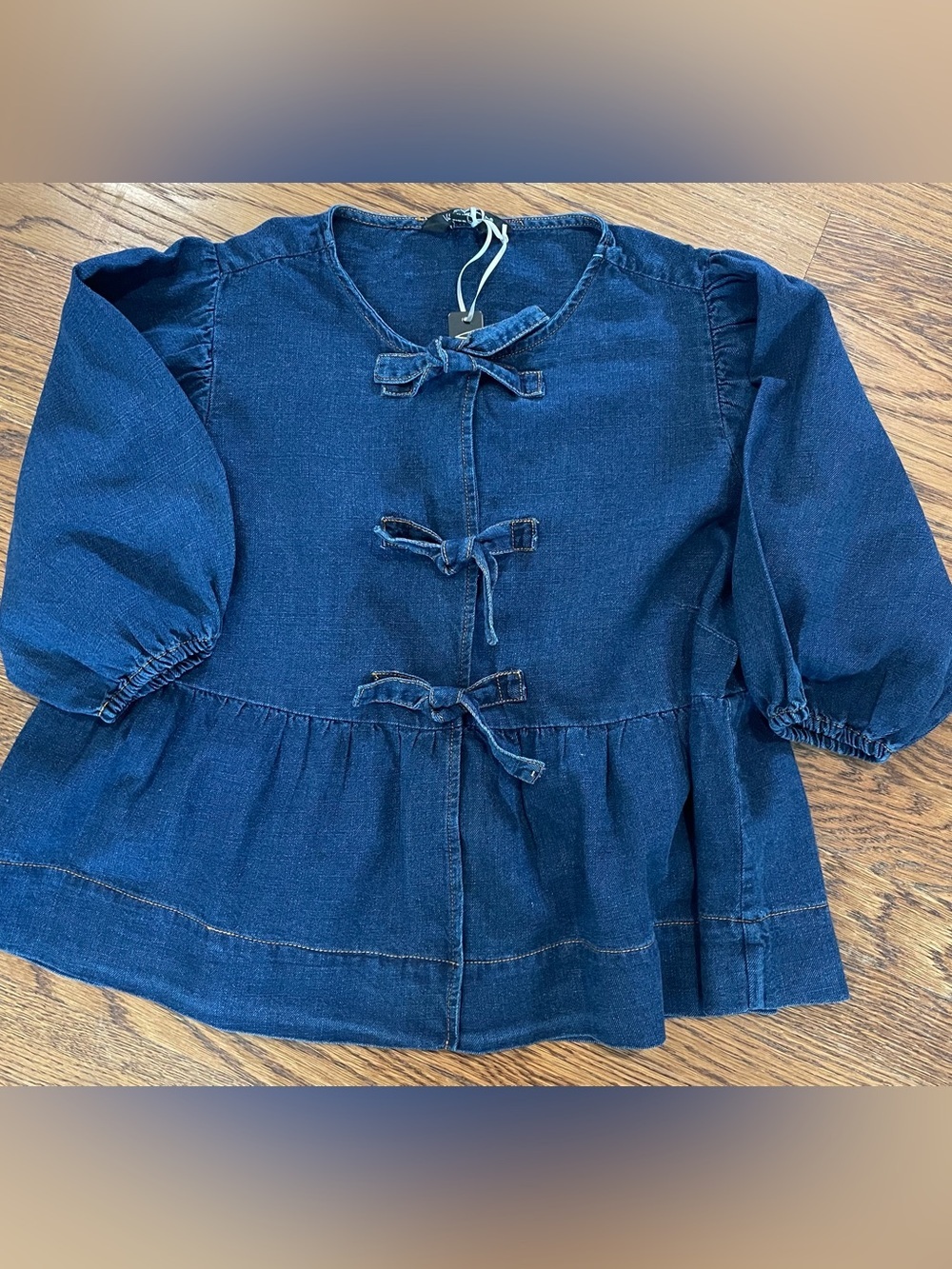 NWT Babydoll Denim Velvet Heart Top Womens Small Tie Front Puff Sleeve Boho
